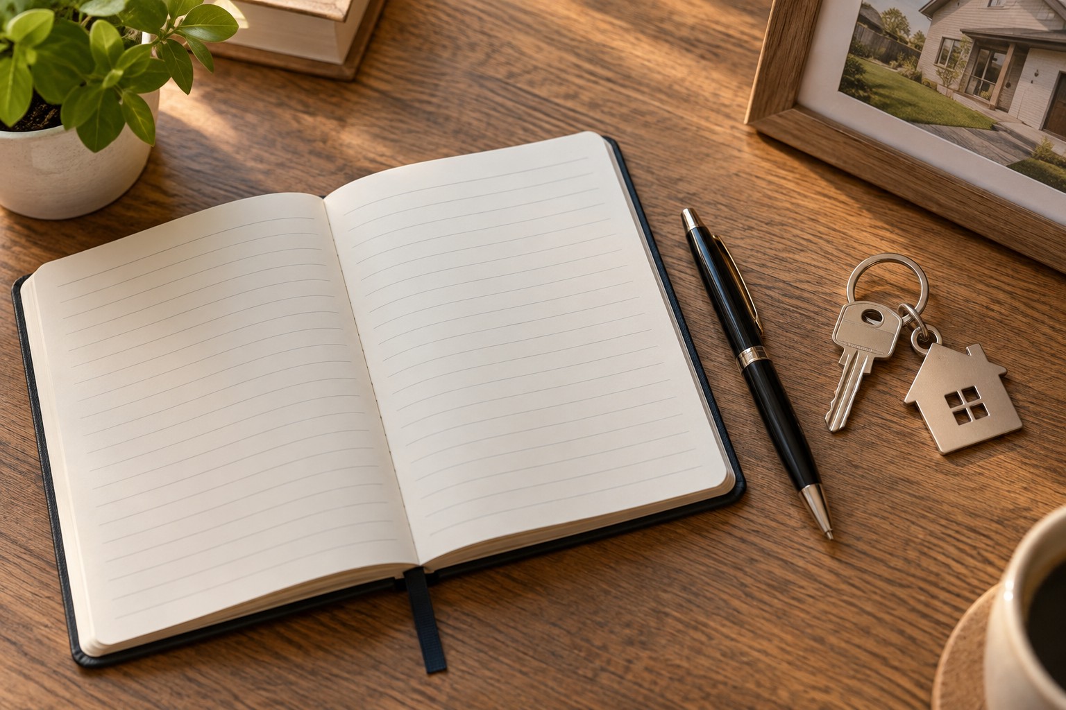 An open notebook and house keys on a desk, representing James Pitcher, REALTOR at BHG Connections