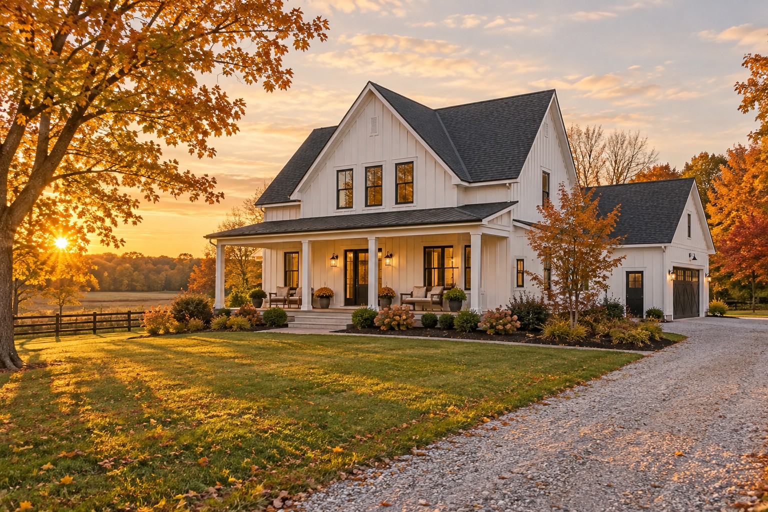 A Southwest Michigan farmhouse-style home at golden hour, illustrative