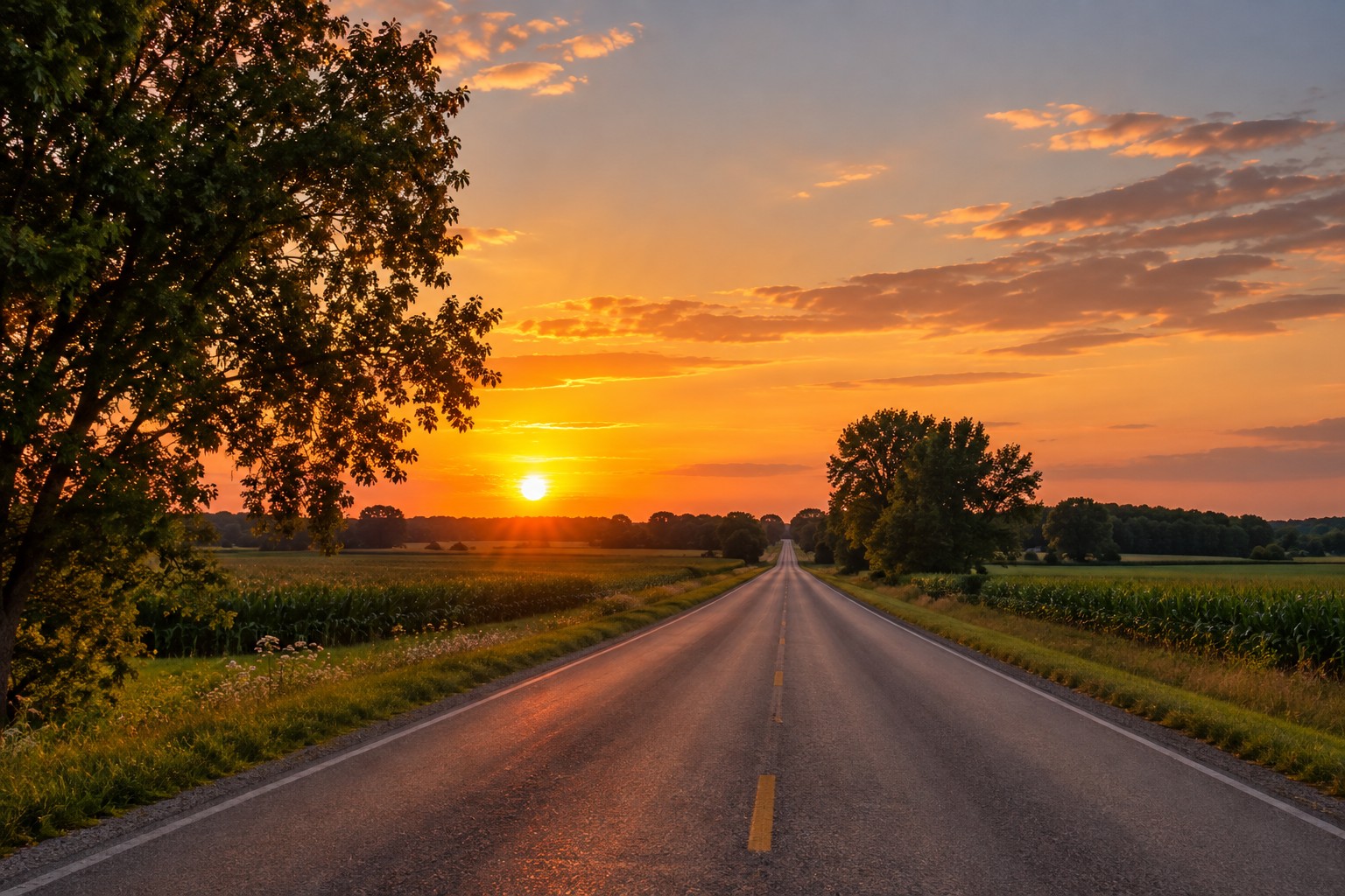 A Southwest Michigan rural road at sunset, illustrative