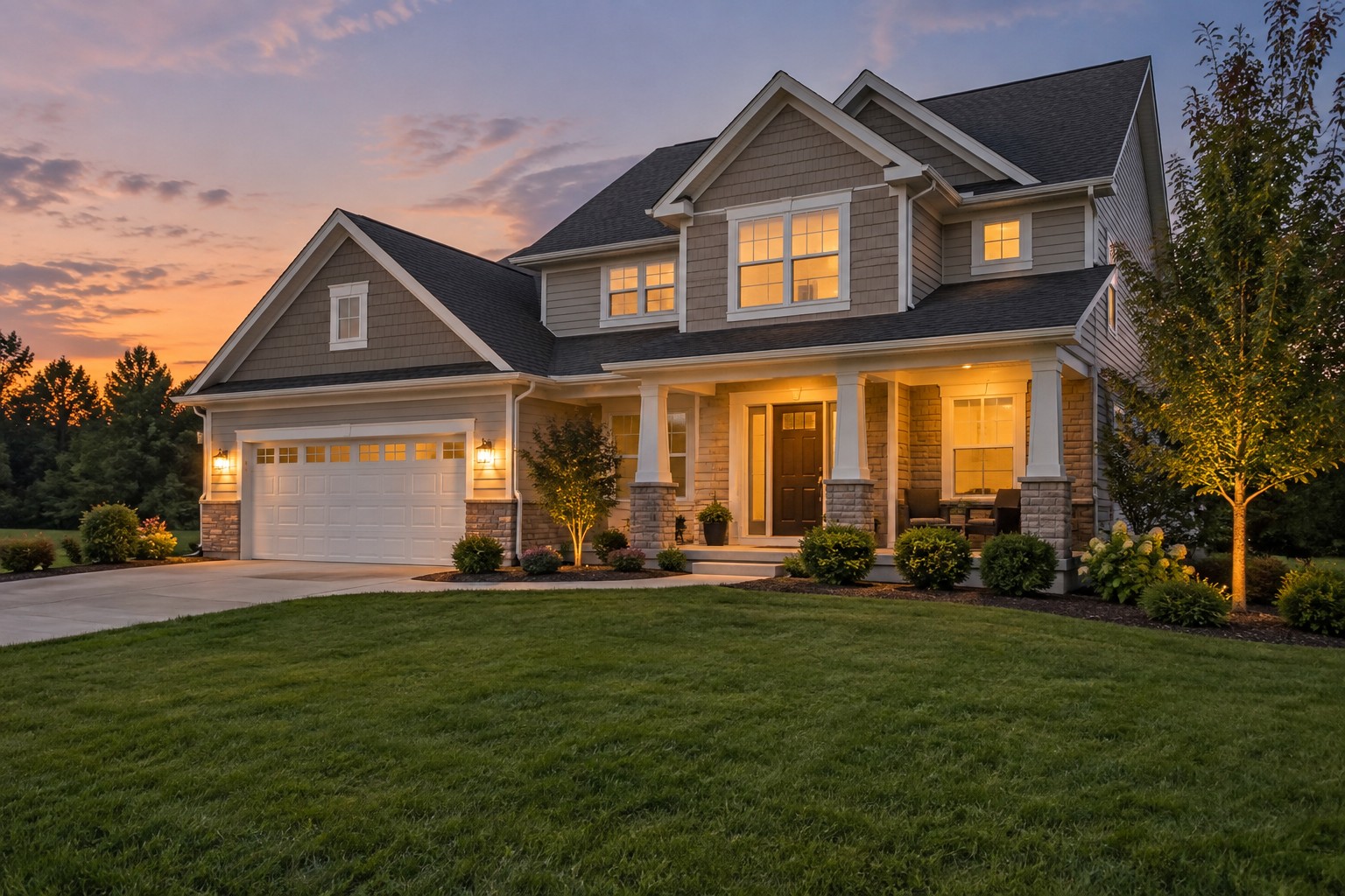 A Southwest Michigan home exterior at dusk, illustrative