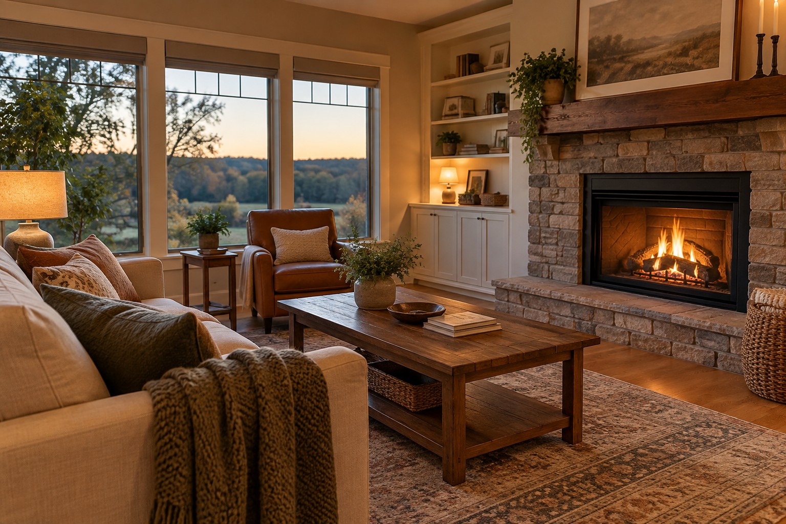 A cozy Southwest Michigan living room, illustrative